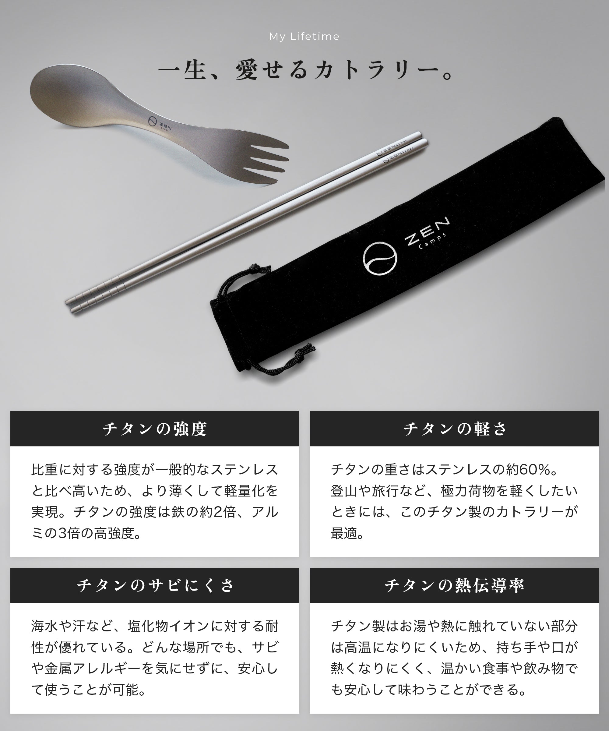 Zani 携帯用　キャンプ用　カトラリー　美術館コレクション② ZEN Camps チタン製カトラリーセット